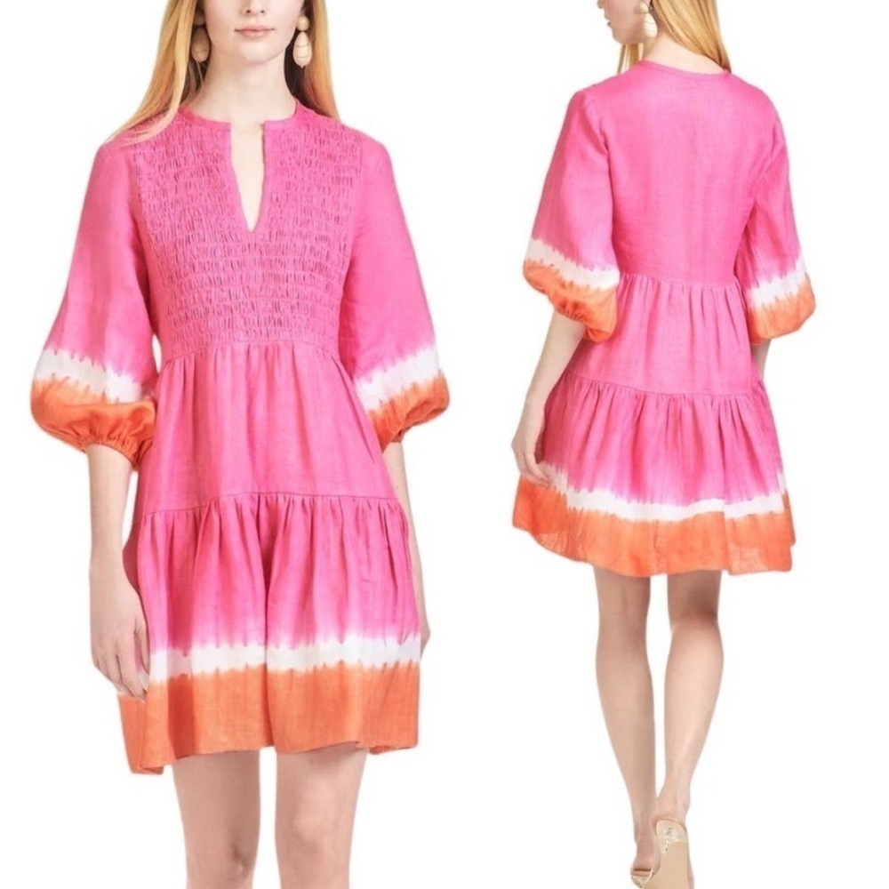 NWT Sachin + Babi Pink Ombre Ruched Long Balloon Sleeve Cotton Mini Dress Medium